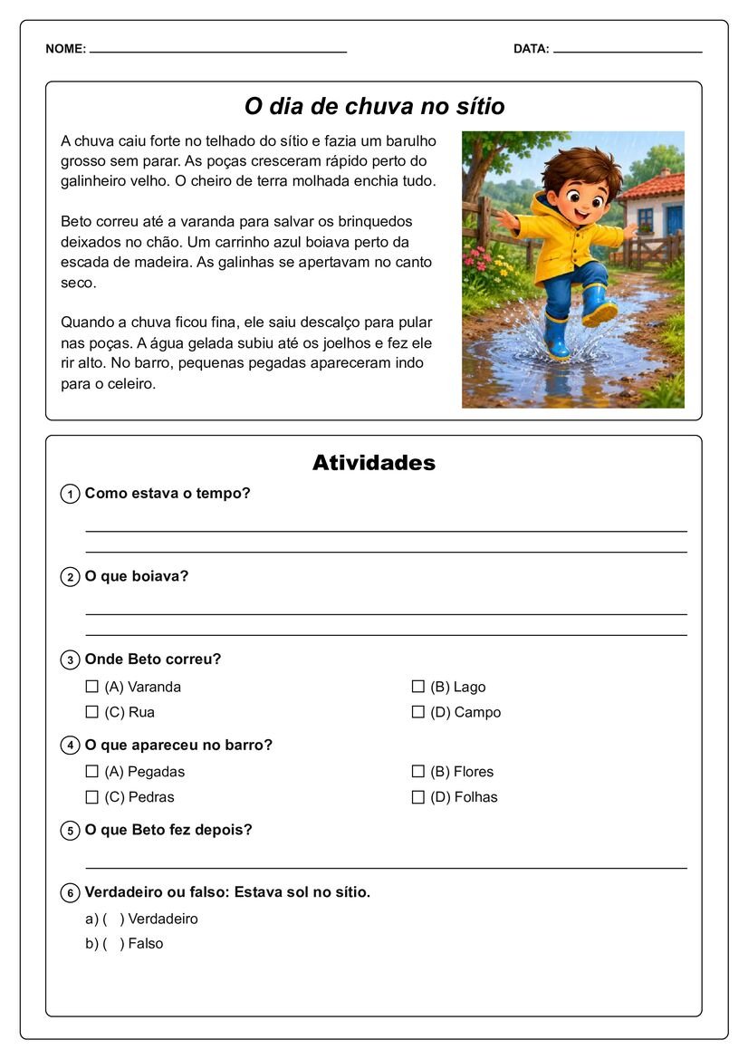 Pequenos textos ilustrados com interpretação material para aula página 20